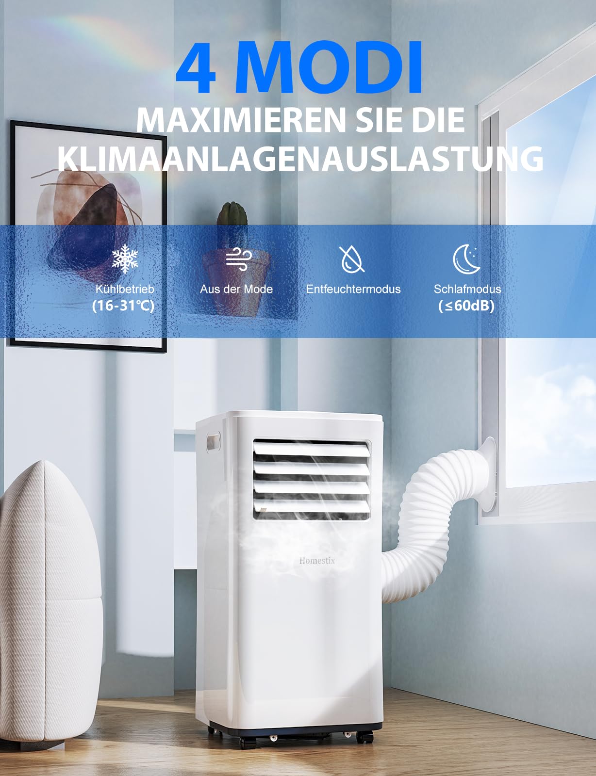 Klimaanlage Mobil 9000 BTU, Mobile Klimaanlage 4-in-1, Kühlung, Entfeuchtung und 2-Stufiger Belüftung, Mobiles Klimagerät mit Abluftschlauch, Digitalanzeige, 24h-Timer, Kühlfläche bis zu 88 m³(33㎡)