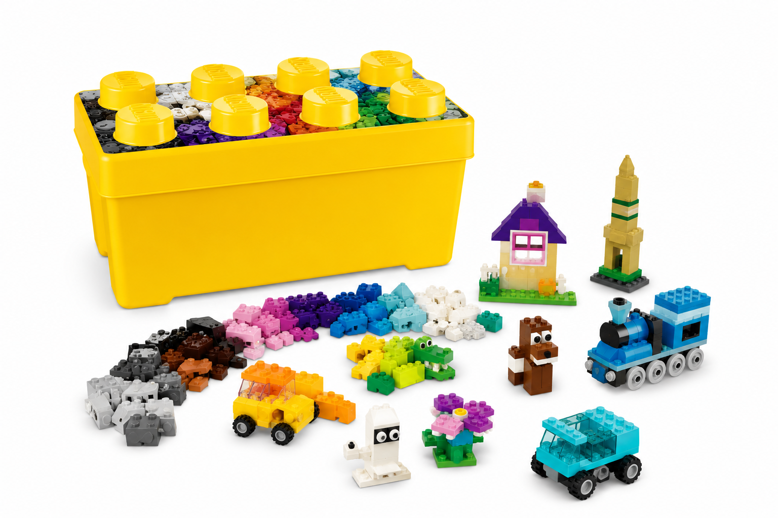 LEGO Classic Mittelgroße Bausteine-Box 10696 – Kreatives Bauset mit 484 bunten LEGO-Steinen, Aufbewahrungsbox, Rädern &amp; Grundplatte – Geschenk für Mädchen und Jungen ab 4 Jahren