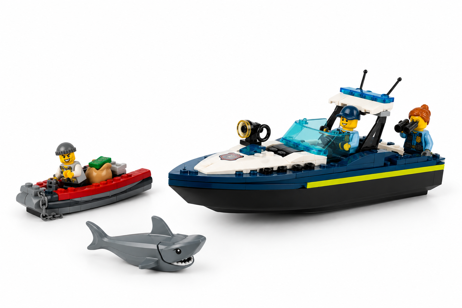 LEGO City Verfolgungsjagd im Polizeiboot 60456 – Actionreiches Wasser-Spielset mit schwimmfähigem Polizeiboot, Ganoven-Schlauchboot, 3 Minifiguren &amp; Hai – Geschenk für Mädchen und Jungen ab 6 Jahren