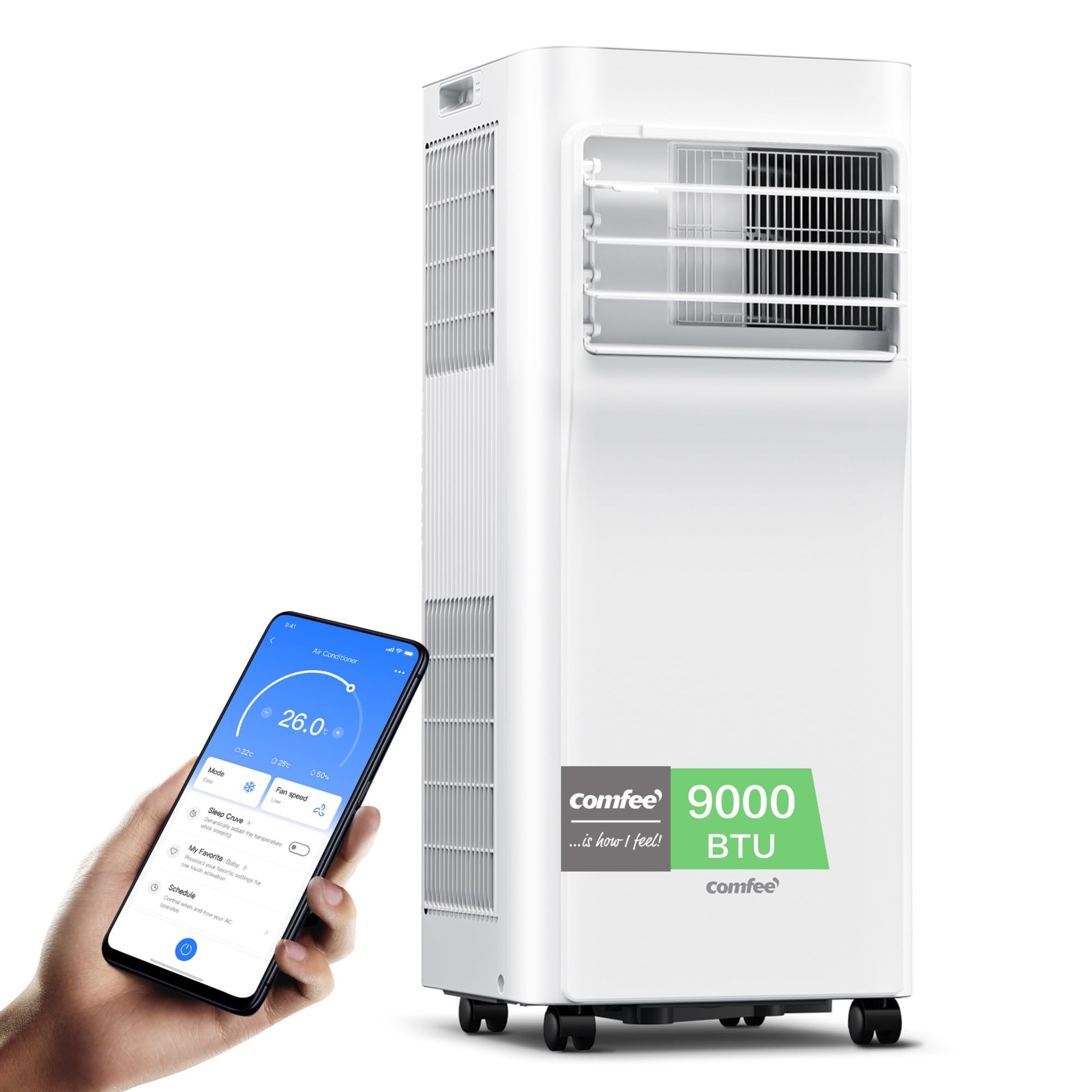 Comfee Mobiles Klimagerät Breezy Cool Pro 2.6,9000 BTU 2,6kW, Kühlen&amp;Ventilieren&amp;Entfeuchten,APP-Steuerung,Raumgröße bis 88m³(33㎡),Mobile Klimaanlage mit Abluftschlauch [Energieklasse A]
