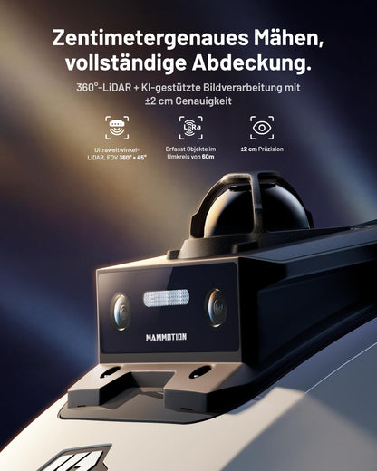 MAMMOTION YUKA mini 2 800 LiDAR Mähroboter ohne Begrenzungskabel für 800m², ohne RTK, 360°3D LiDAR+ KI-Vision,Große RWD für 45% Steigungen, Auto-Mapping,DropMow, 300+ Hinderniserkennung