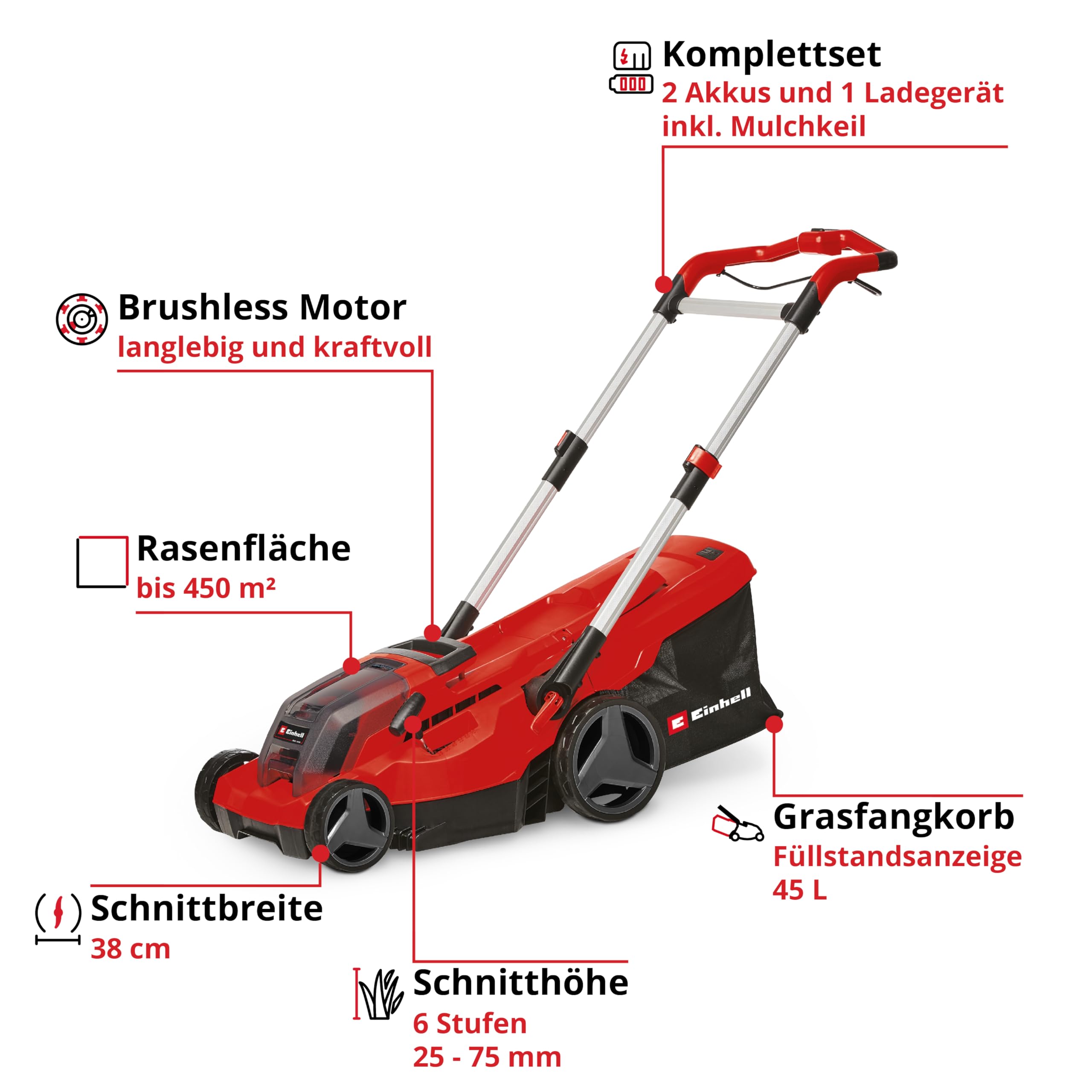 Einhell Akku-Rasenmäher GP-cm 36/450 Kit Power X-Change (36 V, 38 cm Schnittbreite, 450 m², Brushless, Mulchfunktion, 45 L Fangsack, inkl. 2 x 4,0 Ah Akkus + Twincharger)