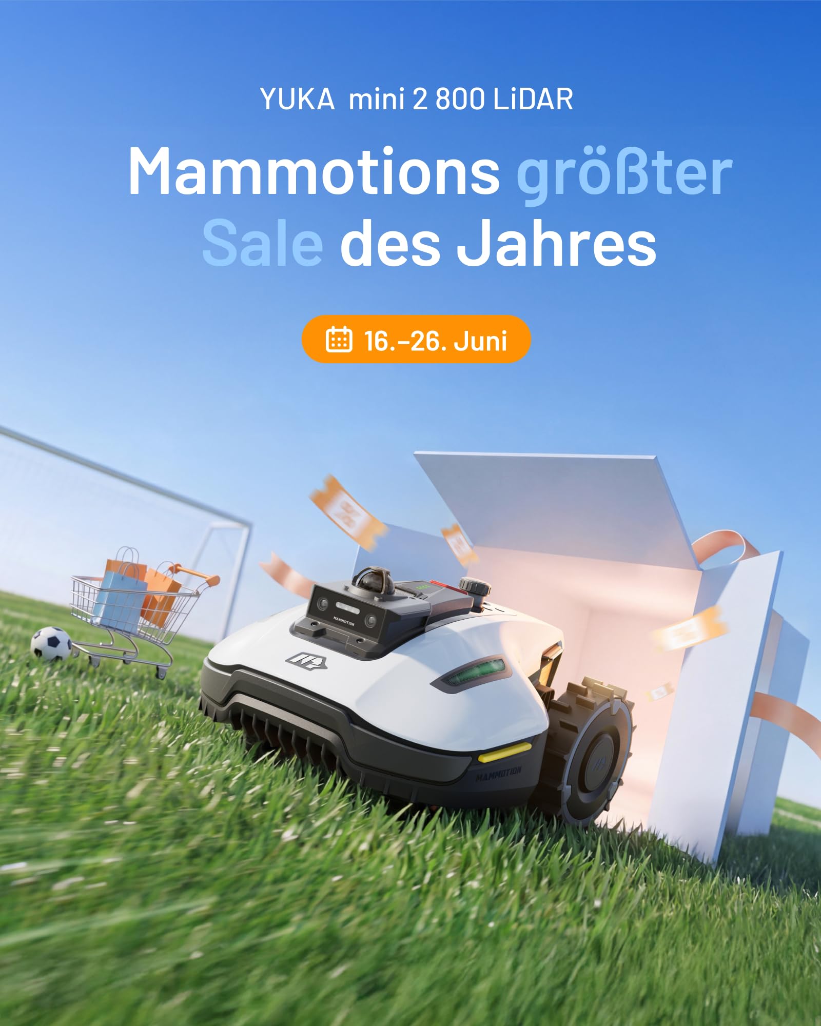 MAMMOTION YUKA mini 2 800 LiDAR Mähroboter ohne Begrenzungskabel für 800m², ohne RTK, 360°3D LiDAR+ KI-Vision,Große RWD für 45% Steigungen, Auto-Mapping,DropMow, 300+ Hinderniserkennung