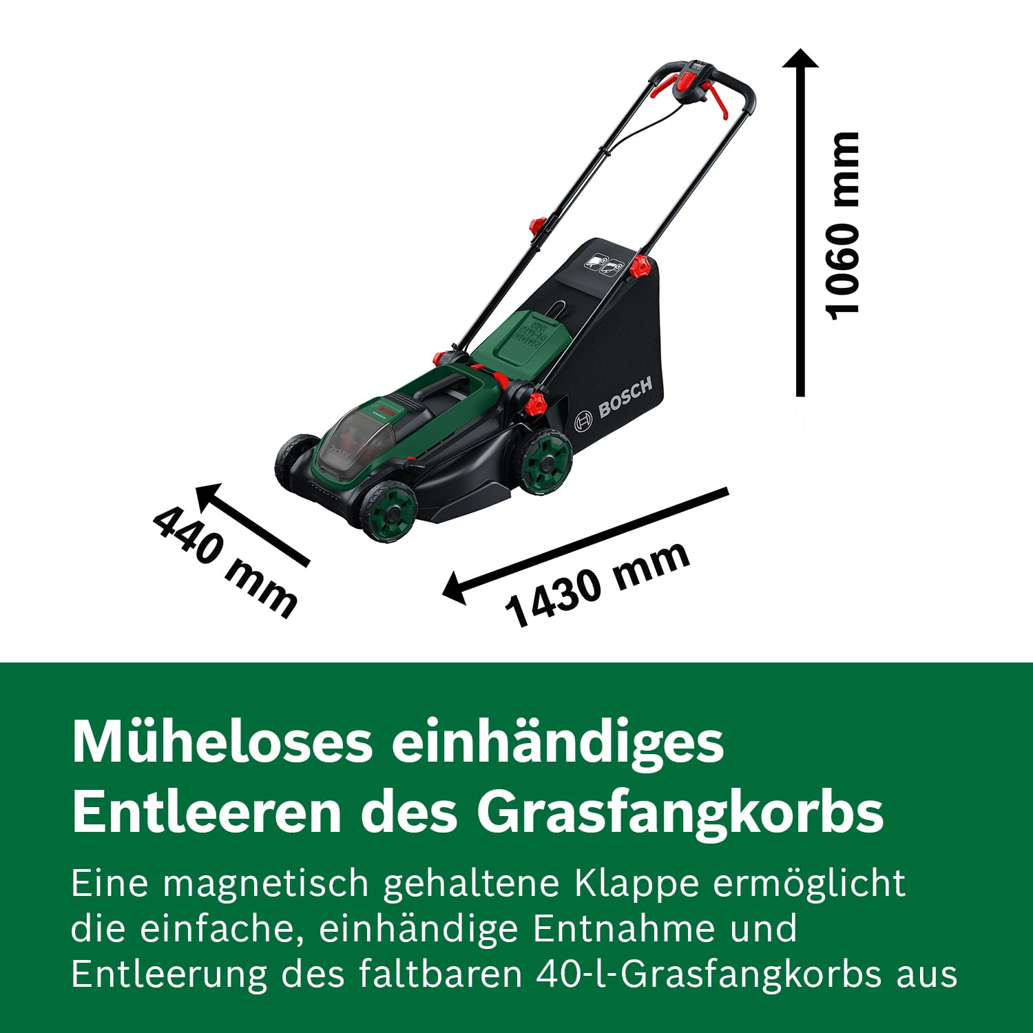 Bosch Akku-Rasenmäher ROTAK18V2-38 (Schnittbreite: 38 cm, Schnitthöhe: 30-75 mm, 40 l Stoff-Grasfangkorb, Mulchstopfen, inkl. 2 x 18V Akku und Ladegerät)