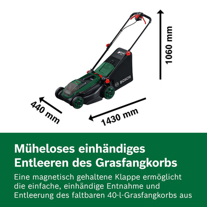 Bosch Akku-Rasenmäher ROTAK18V2-38 (Schnittbreite: 38 cm, Schnitthöhe: 30-75 mm, 40 l Stoff-Grasfangkorb, Mulchstopfen, inkl. 2 x 18V Akku und Ladegerät)