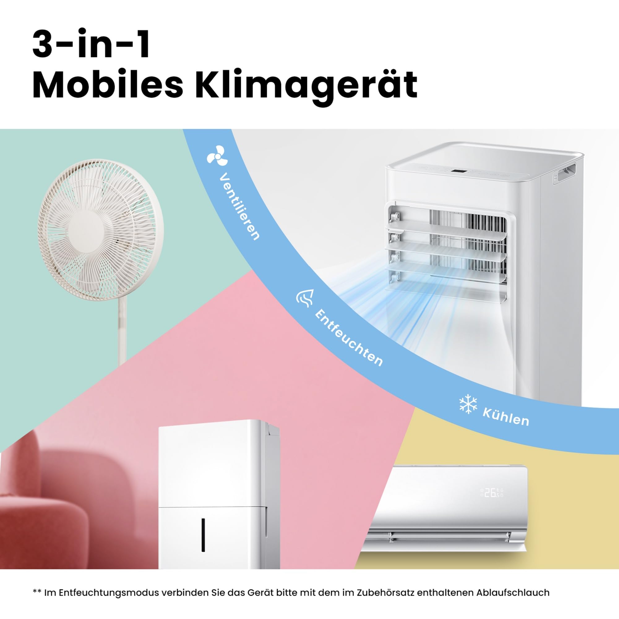 Comfee Mobiles Klimagerät Breezy Cool Pro 2.6,9000 BTU 2,6kW, Kühlen&amp;Ventilieren&amp;Entfeuchten,APP-Steuerung,Raumgröße bis 88m³(33㎡),Mobile Klimaanlage mit Abluftschlauch [Energieklasse A]
