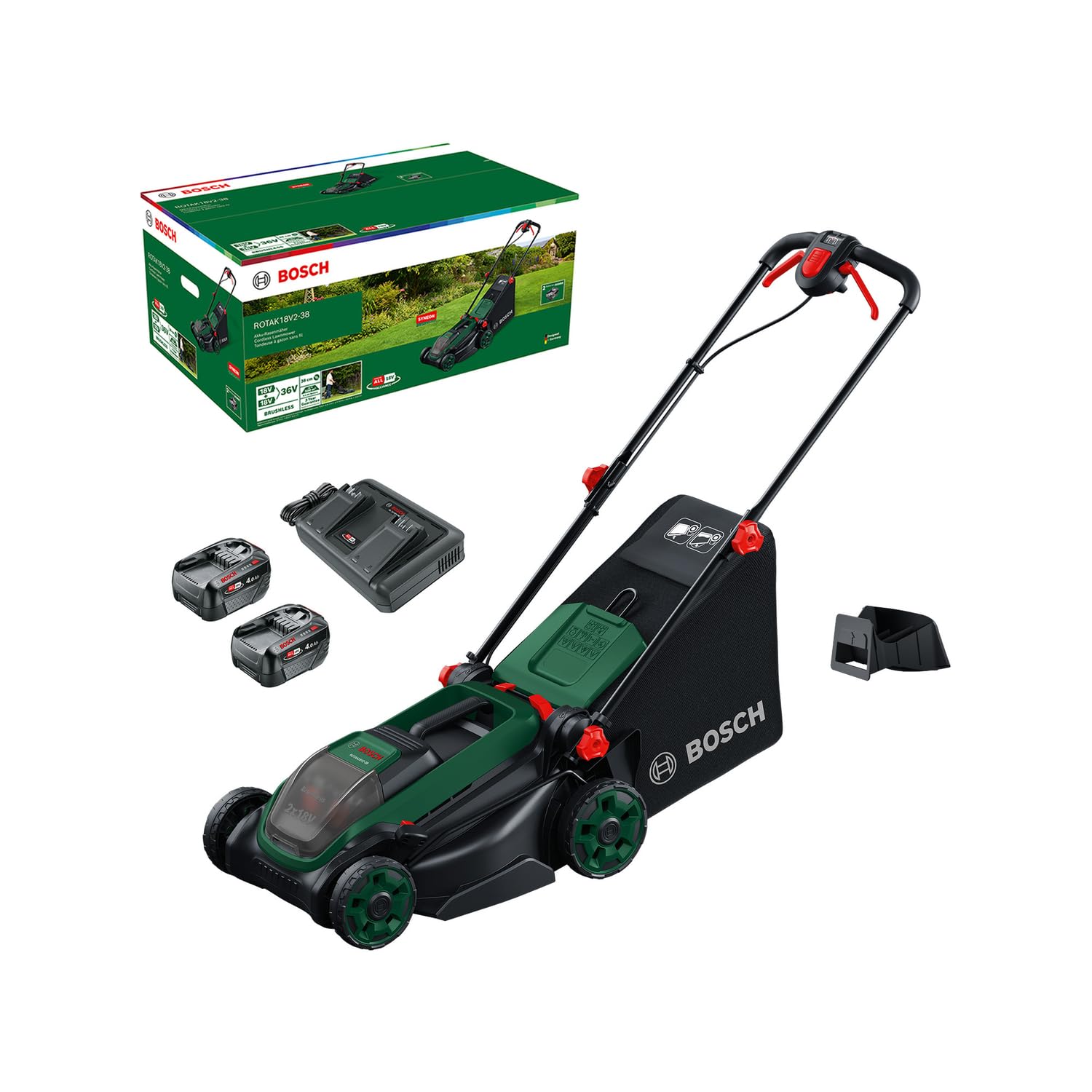 Bosch Akku-Rasenmäher ROTAK18V2-38 (Schnittbreite: 38 cm, Schnitthöhe: 30-75 mm, 40 l Stoff-Grasfangkorb, Mulchstopfen, inkl. 2 x 18V Akku und Ladegerät)
