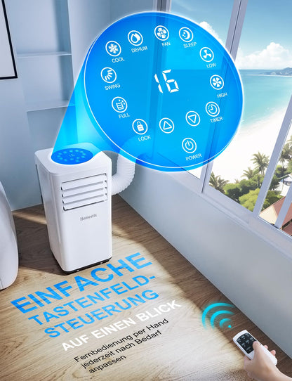 Klimaanlage Mobil 9000 BTU, Mobile Klimaanlage 4-in-1, Kühlung, Entfeuchtung und 2-Stufiger Belüftung, Mobiles Klimagerät mit Abluftschlauch, Digitalanzeige, 24h-Timer, Kühlfläche bis zu 88 m³(33㎡)