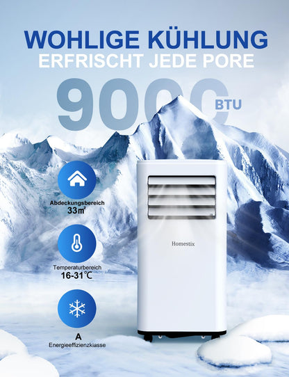 Klimaanlage Mobil 9000 BTU, Mobile Klimaanlage 4-in-1, Kühlung, Entfeuchtung und 2-Stufiger Belüftung, Mobiles Klimagerät mit Abluftschlauch, Digitalanzeige, 24h-Timer, Kühlfläche bis zu 88 m³(33㎡)