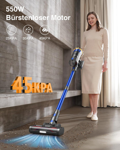 Akku Staubsauger 45000Pa/550W/65Min, 1,6L Staubsauger Kabellos mit Display, Anti-Tangle-Bürste, Selbststehend, Wandladestation, 8-Schicht-Filtration, Ultraleise, für Tierhaare/Teppiche/Hartböden/Auto