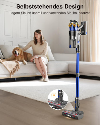 Akku Staubsauger 45000Pa/550W/65Min, 1,6L Staubsauger Kabellos mit Display, Anti-Tangle-Bürste, Selbststehend, Wandladestation, 8-Schicht-Filtration, Ultraleise, für Tierhaare/Teppiche/Hartböden/Auto