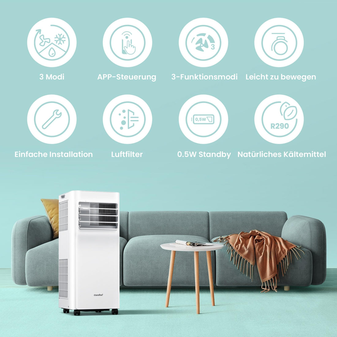 Comfee Mobiles Klimagerät Breezy Cool Pro 2.6,9000 BTU 2,6kW, Kühlen&amp;Ventilieren&amp;Entfeuchten,APP-Steuerung,Raumgröße bis 88m³(33㎡),Mobile Klimaanlage mit Abluftschlauch [Energieklasse A]