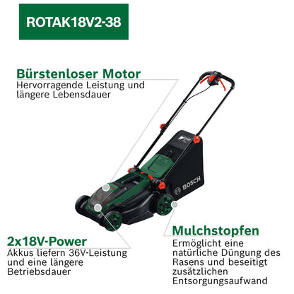 Bosch Akku-Rasenmäher ROTAK18V2-38 (Schnittbreite: 38 cm, Schnitthöhe: 30-75 mm, 40 l Stoff-Grasfangkorb, Mulchstopfen, inkl. 2 x 18V Akku und Ladegerät)