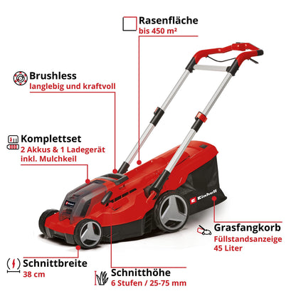 Einhell Akku-Rasenmäher GP-cm 36/450 Kit Power X-Change (36 V, 38 cm Schnittbreite, 450 m², Brushless, Mulchfunktion, 45 L Fangsack, inkl. 2 x 4,0 Ah Akkus + Twincharger)