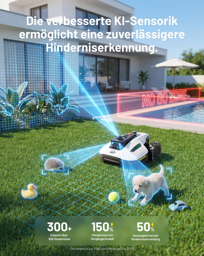 MAMMOTION YUKA mini 2 800 LiDAR Mähroboter ohne Begrenzungskabel für 800m², ohne RTK, 360°3D LiDAR+ KI-Vision,Große RWD für 45% Steigungen, Auto-Mapping,DropMow, 300+ Hinderniserkennung